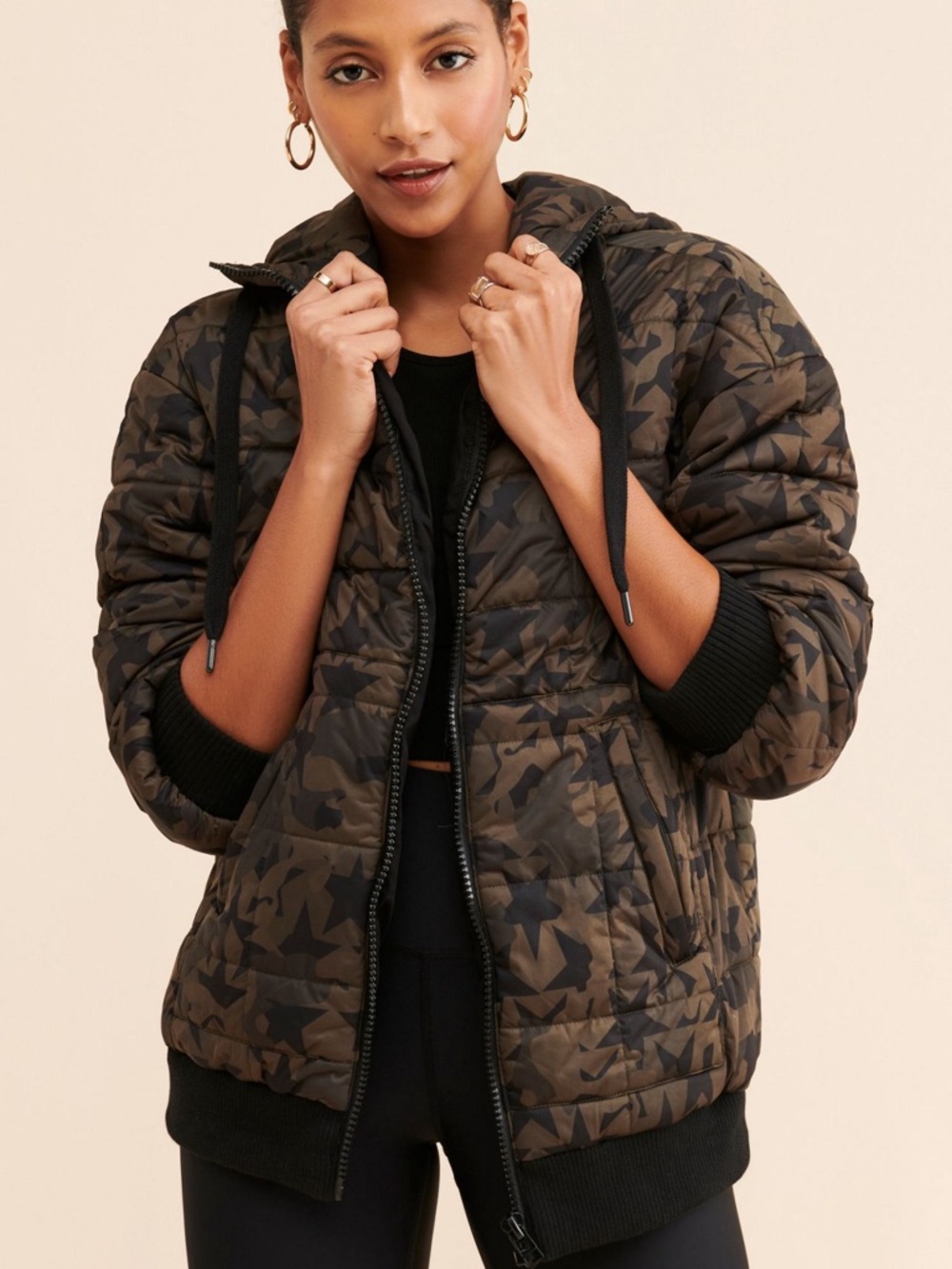 Avec Les Filles Olive Camo & Stars Quilted Hooded Puffer Jacket